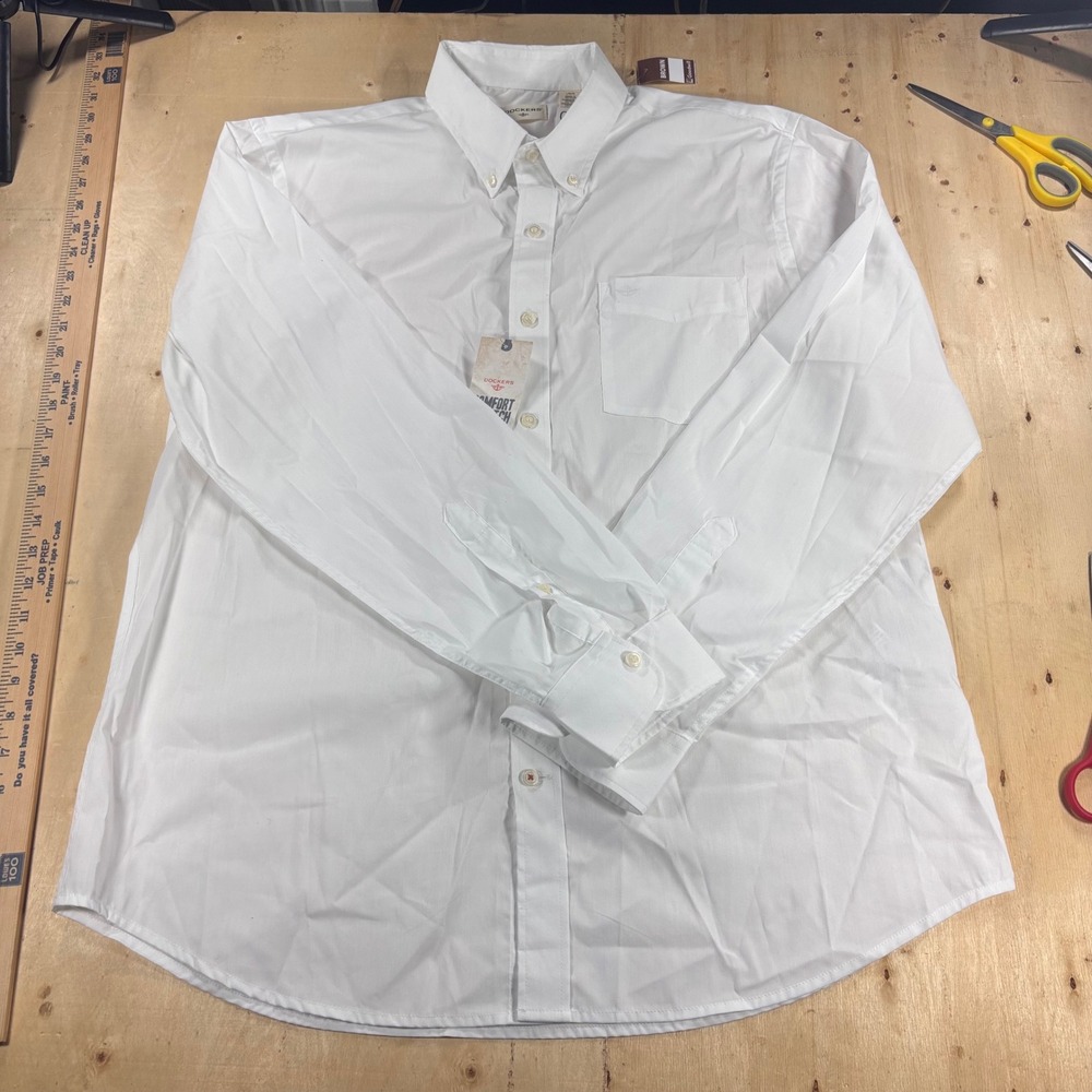 Dockers Mens L Comfort Stretch White Long Sleeve Button Down Shirt NWT